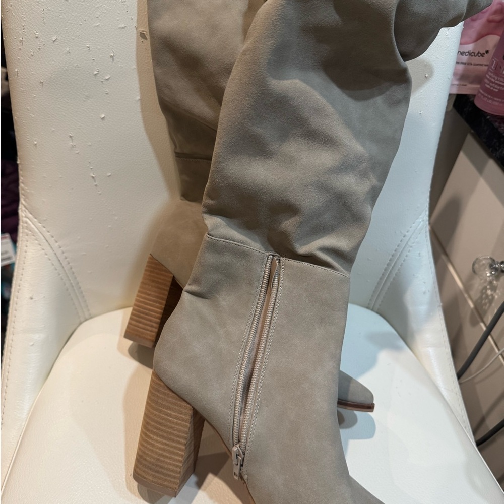 Women's Taupe Faux Suede Block Heel Boots